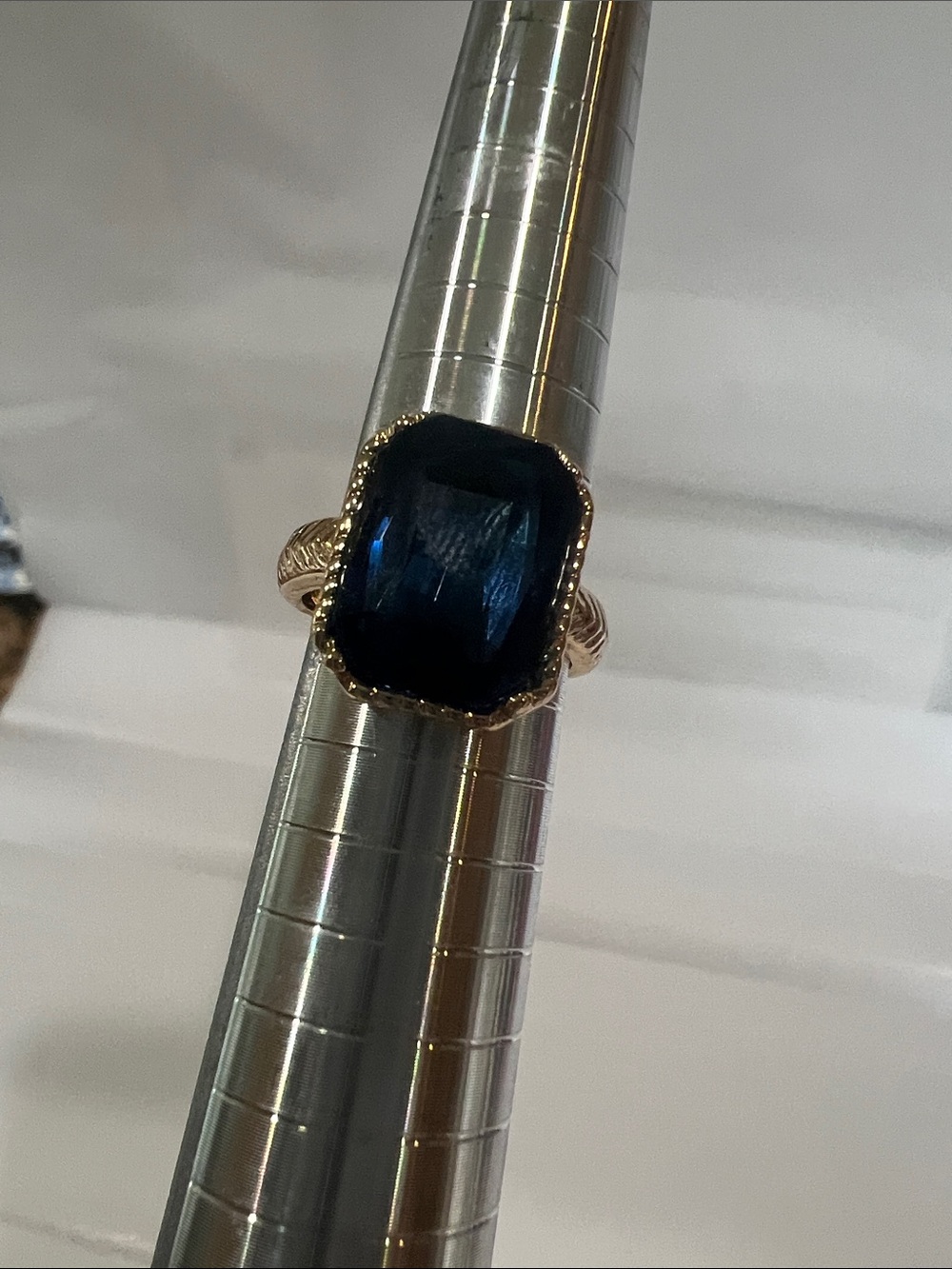 Gold Ring with Deep Blue Rectangular Stone - Women's Jewelry